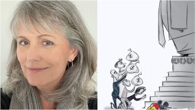 Bild vergr&ouml;&szlig;ern: Preistr&auml;gerin Ann Telnaes und ein Ausschnitt ihrer Karikatur, die die Washington Post nicht ver&ouml;ffentlichen wollte.
