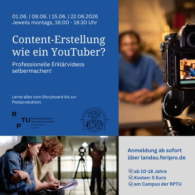 Bild vergr&ouml;&szlig;ern: Jeweils montags am 1., 8., 15. und 22. Juni von 16 bis 18:30 Uhr, wird der Campus der Universit&auml;t in Landau zur Kreativwerkstatt f&uuml;r junge Medienmacherinnen und Medienmacher.